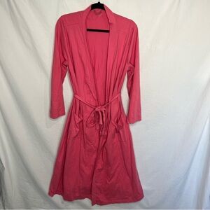 Green Cotton by Garnet Hill Women's Long Night Robe Sz M Pink Tie Waist Pockets